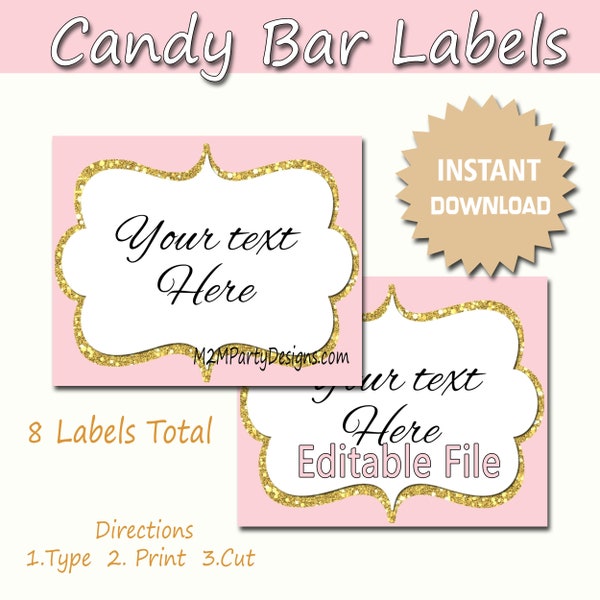 Candy Buffet Labels Pink, gold Print EDITABLE Card, Candy, Popcorn, Snack, Ice Cream, Cookie Buffet Labels, Instant Download