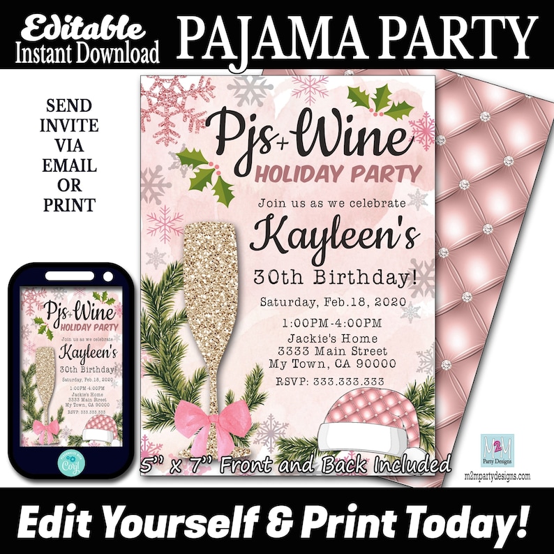 Pajama Party Invite Editable Template Holiday Brunch Pink Etsy