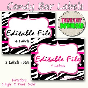 Etichette per buffet di caramelle Carta modificabile con stampa zebrata, caramelle personalizzate, popcorn, snack, gelati, etichette per buffet di biscotti, download istantaneo Set di 8