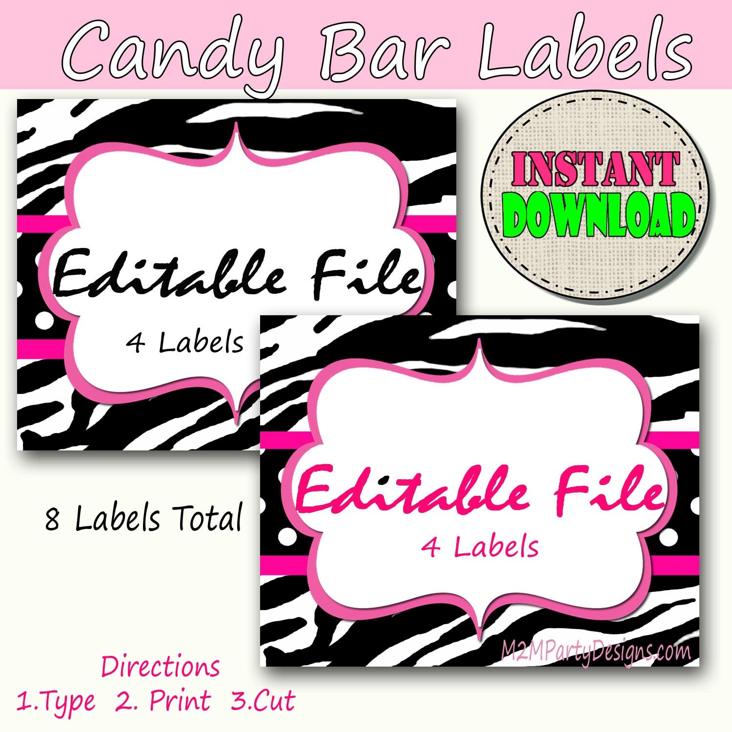 Candy Buffet Labels Chevron Pink Print EDITABLE Card Custom Etsy