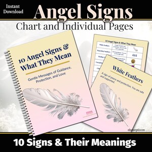 K&ouml;nnte beinhalten: Ein spiralgebundenes Buch und zwei einzelne Seiten mit dem Titel "Angel Signs & What They Mean". Das Buchcover und die Seiten zeigen eine wei&szlig;e Federgrafik. Der Text enth&auml;lt "Gentle Messages of Guidance, Protection, and Love."