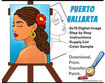 Latina Puerto Vallarta Portrait | DIY Paint Party | Woman Profile Acrylic Painting, Instant Download, Step by Step Guide, Gold Hoops