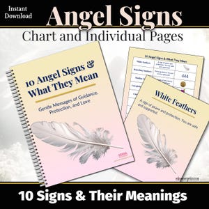 K&ouml;nnte beinhalten: Ein spiralgebundenes Buch und zwei einzelne Seiten mit dem Titel "Angel Signs & What They Mean". Das Buchcover und die Seiten zeigen eine wei&szlig;e Federgrafik. Der Text enth&auml;lt "Gentle Messages of Guidance, Protection, and Love."