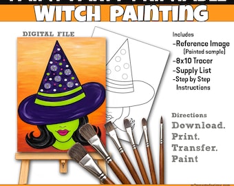 Witch Printables Painting DIY Paint Party For Fall, Instant Download Template for Art Parties, Sip and Paint Party Canvas, Printable Stencil