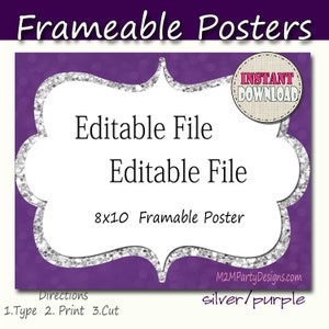 Cornice poster viola, carta stampa modificabili silver, Candy, Popcorn, Snack, gelati, Cookie Buffet etichette, Download immediato