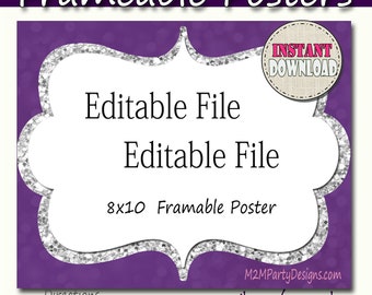 Frameable Posters Purple, silver Print EDITABLE Card, Candy, Popcorn, Snack, Ice Cream, Cookie Buffet Labels, Instant Download