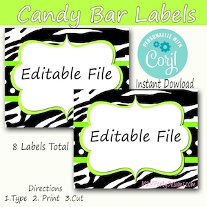 Etiquetas de buffet de caramelos Zebra Lime Green Print EDITABLE Card, Custom Candy, Popcorn, Ice Cream, Cookie Buffet Labels, Instant Download Set of 16