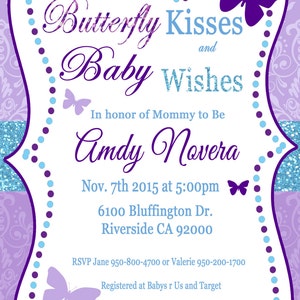 Butterfly Kisses and Baby Wishes Invitation for Baby Shower Purple Teal image 1
