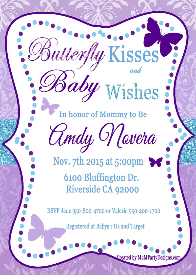 Butterfly Kisses and Baby Wishes Invitation for Baby Shower Purple Teal image 1