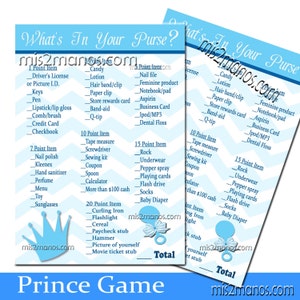 Prince Baby Cosa c&#39;è nella tua borsa Gioco Baby Shower, Gioco doccia a sonagli Download istantaneo digitale