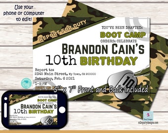 Laser Tag Party Invitation, Camo Birthday Party Invitation, Customized Boot Camp Birthday Party, Boy Party Invitation Editable File