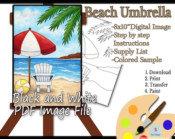 Beach Paint Party  | Tropical Umbrella & Ocean Acrylic Painting  | Summer Beach Chair Art| Beginner DIY Paint Night |Instant Download