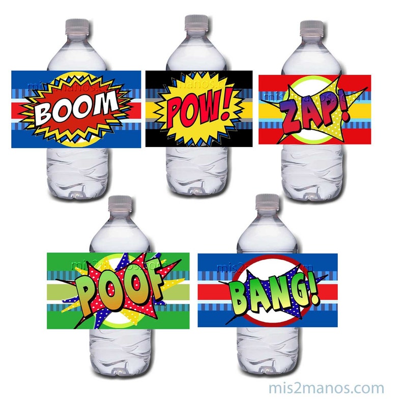 Superhero Logo Comic Book Water Bottle Wrapper Printable Digital Instant Download Superhero SET of 10 image 2