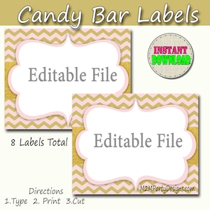Candy Buffet Labels  Chevron Pink Gold Print EDITABLE Card, Custom Candy, Popcorn, Snack, Ice Cream, Cookie Buffet Labels, Instant Download