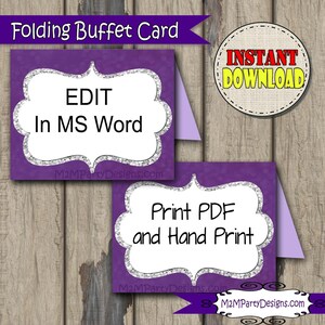 Etichette per buffet per tende alimentari Viola, stampa argento Carta modificabile, caramelle, popcorn, snack, gelati, etichette per buffet di biscotti, Download istantaneo
