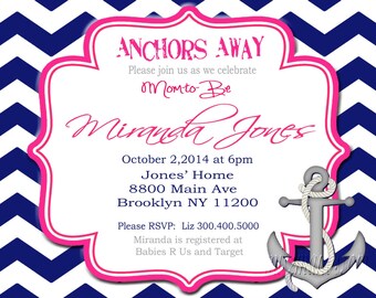 Anchors Away Nautical Shower Blue Chevron Baby Shower Invitation-Printable Bridal Shower Nautical Invite-Anchor Invite-Ahoy Invite