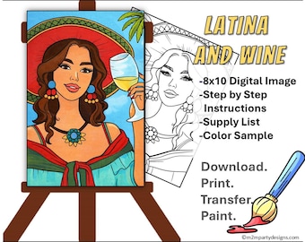Latina and Wine Paint Party Tutorial | Beginner Acrylic Portrait | Summer Painting | Step by Step Acrylic Guide | Easy Paint & Sip