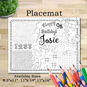 May include: A black and white printable placemat featuring a gymnast silhouette, a word search puzzle, a tic-tac-toe game, and a dot-to-dot game. The placemat is decorated with balloons, streamers, and the text "Happy 9th Birthday! Josie".