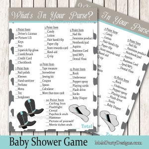 Cowboy Baby What&#39;s in Your Purse Baby Shower Game, Blue Gray Shower Game  Digital Instant Download