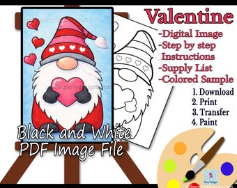 Valentine Gnome Paint Party | Cute Heart Gnome Art | Valentine’s Day Canvas | Beginner DIY Paint Night |Instant Download