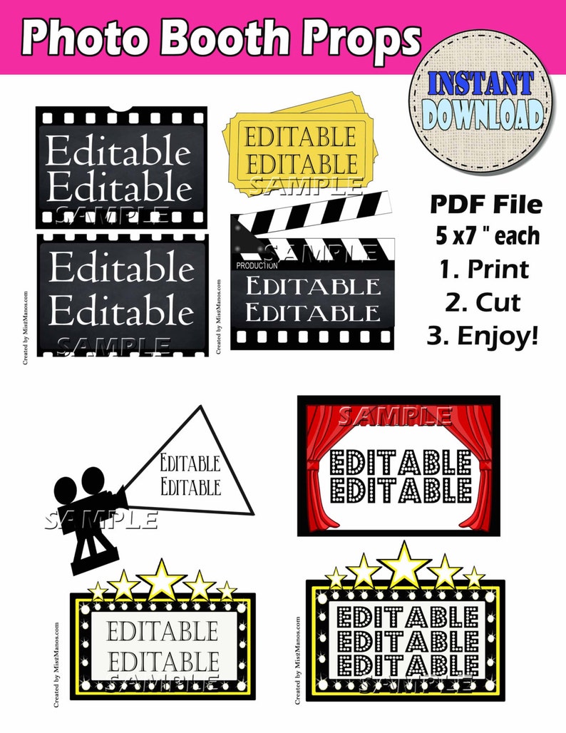 Movie Night EDITABLE Wedding Photo Booth Props Instant Download 7 inches wide Printable