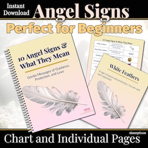 K&ouml;nnte beinhalten: Ein Spiralbuch und zwei Seiten mit den Titeln "Angel Signs & What They Mean" und "White Feathers". Das Buch und die Seiten haben einen cremefarbenen Hintergrund mit einer Federgrafik. Der Text enth&auml;lt "Gentle Messages of Guidance, Protection, and Love".