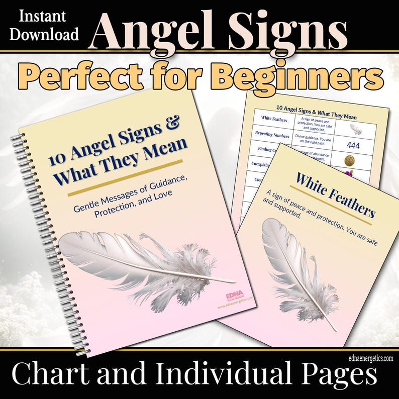 K&ouml;nnte beinhalten: Ein Spiralbuch und zwei Seiten mit den Titeln "Angel Signs & What They Mean" und "White Feathers". Das Buch und die Seiten haben einen cremefarbenen Hintergrund mit einer Federgrafik. Der Text enth&auml;lt "Gentle Messages of Guidance, Protection, and Love".