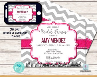 Pink & Gray Bridal Shower Invitation, Chevron Design (DIY Printable)