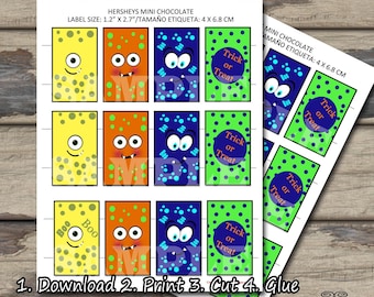 Printable Halloween Candy Bar Wrappers - Monster Candy Labels - DIY Halloween Party Favors - Mini Chocolate Wrappers- Printable  Set of 12