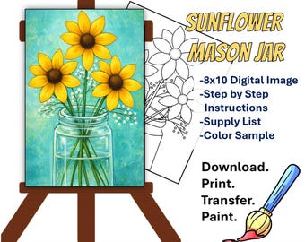 Sunflower Mason Jar Paint Party | Summer Floral Acrylic Painting | Farmhouse Yellow Sunflowers | Beginner DIY Paint Night |Instant Download