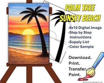 Palm Tree Sunset Paint Party | Tropical Beach Acrylic Painting | Ocean Sunset with Palm Silhouette | DIY Paint Night |Instant Download