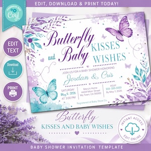 Butterfly Kisses and Baby Wishes Invitation for Baby Shower Purple Teal