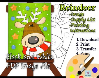 Reindeer Paint Party | Christmas Acrylic Painting| Kids Winter Art Canvas | Holiday Paint Night | Beginner Reindeer| Instant Download