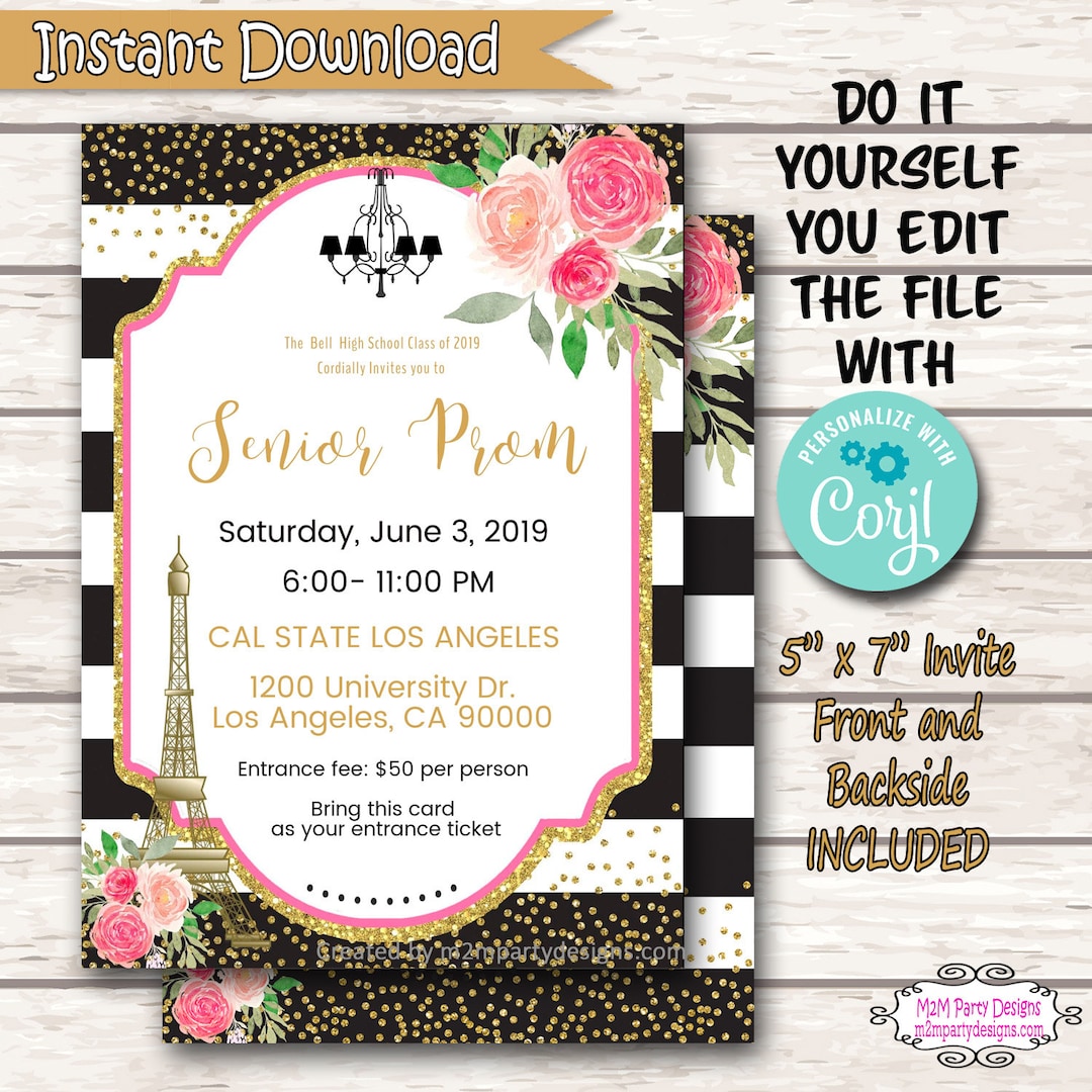 EDITABLE Prom Invitations, Paris, High School Dance Event, Gold Glitter,  School Event, Pto, Pta, INSTANT DOWNLOAD - Etsy, image size:1080x1080