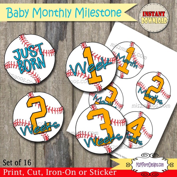 Baseball Baby Monthly Age Milestone Stickers / Iron Ons Instant Download, Digital Image,  DIY Onesie Iron On