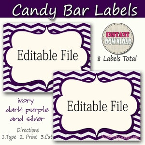 Etichette per buffet di caramelle Chevron Purple, stampa argento Carta EDITABLE, caramelle, popcorn, snack, gelati, etichette per buffet di biscotti, download istantaneo