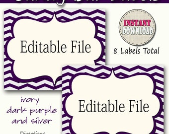 Candy Buffet Labels  Chevron Purple, silver Print EDITABLE Card, Candy, Popcorn, Snack, Ice Cream, Cookie Buffet Labels, Instant Download