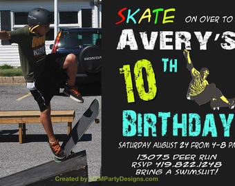 Skateboard Birthday Invitation. Boy Skating Theme Party Invite. Chalkboard with custom photo. Cool Extreme Sport. Printable Digital