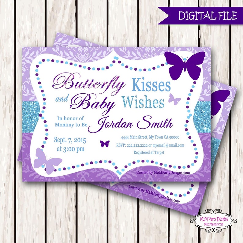 Butterfly Kisses and Baby Wishes Invitation for Baby Shower Purple Teal image 4