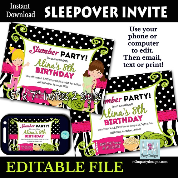 Slumber Party Invitation Sleepover Instant Download Invite.