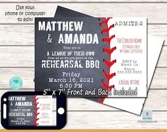 Custom Baseball Theme Party Chalkboard Printable Ticket Invitations, Rehearsal Dinner Invitation Editable File