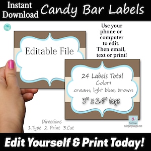Op de afbeelding: Direct download snoepreep labels. De labels zijn bruin met een crème en lichtblauw ontwerp. De tekst luidt "Editable File" en "24 Labels Total". De labels meten 7,6 cm x 6,1 cm.