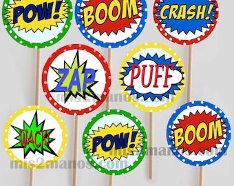 Super hero comic book cupcake toppers Printable DIY Personalized Set of 20 Superhero Instant Download