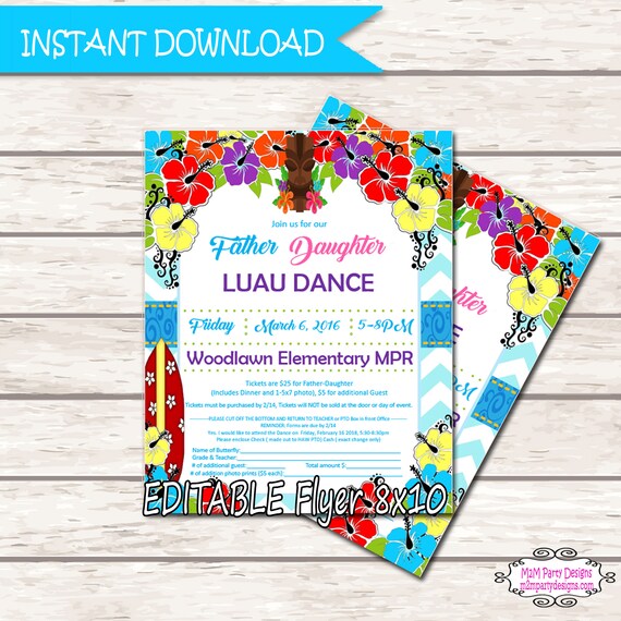 Invitación De Baile Padre Hija. Papá Hija LUAU Dance. Editable.