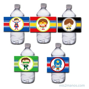 Super Hero Comic Book Water Bottle Wrapper Printable Digital Instant Download Superhero SET of 5