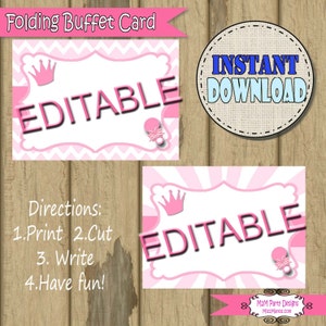 Cartão de buffet dobrável EDITÁVEL para festa de bebê princesa, etiqueta de comida, etiqueta - personalizado, download instantâneo de arte para festa