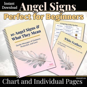 K&ouml;nnte beinhalten: Ein spiralf&ouml;rmiges Buch und zwei Seiten mit den Titeln "Angel Signs & What They Mean" und "White Feathers". Das Buch und die Seiten haben einen cremefarbenen Hintergrund mit einer wei&szlig;en Federgrafik. Der Text enth&auml;lt "Gentle Messages of Guidance, Protection, and Love".