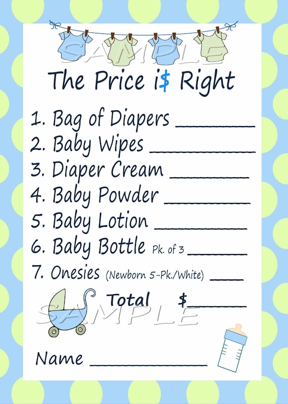 Price is Right Baby Shower Game Blue Green Clothes Line Set of
