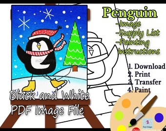 Cute Penguin Paint Party | Kids Christmas Acrylic Painting | Winter Art Canvas | Holiday Paint Night| Instant Download
