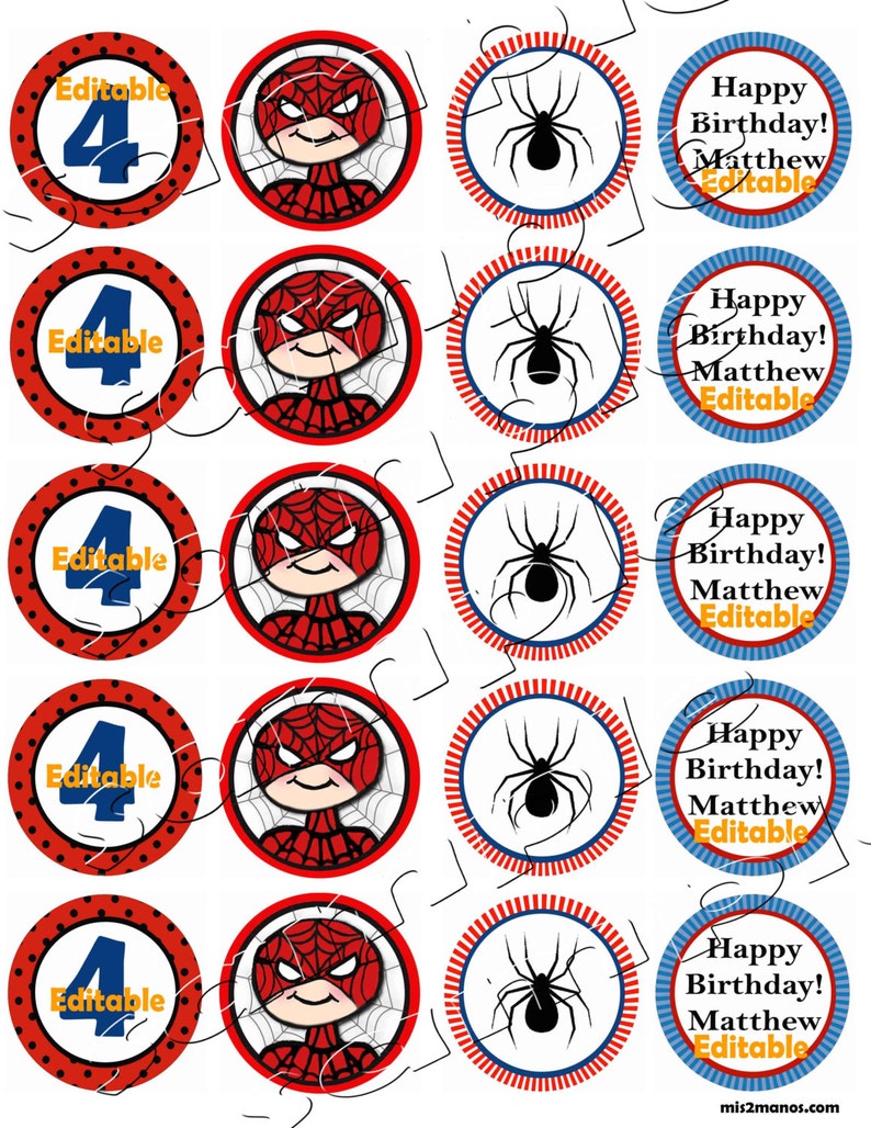 Spiderman Inspired cupcake topper Printable DIY EDITABLE Set of 20 Instant ...